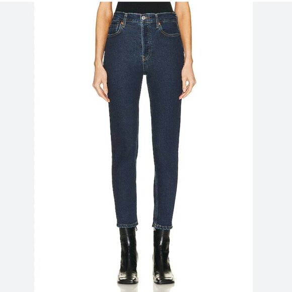 Re/Done Comfort Stretch 90s High Rise Ankle Crop Dark Rinse Jeans - Picture 1 of 13